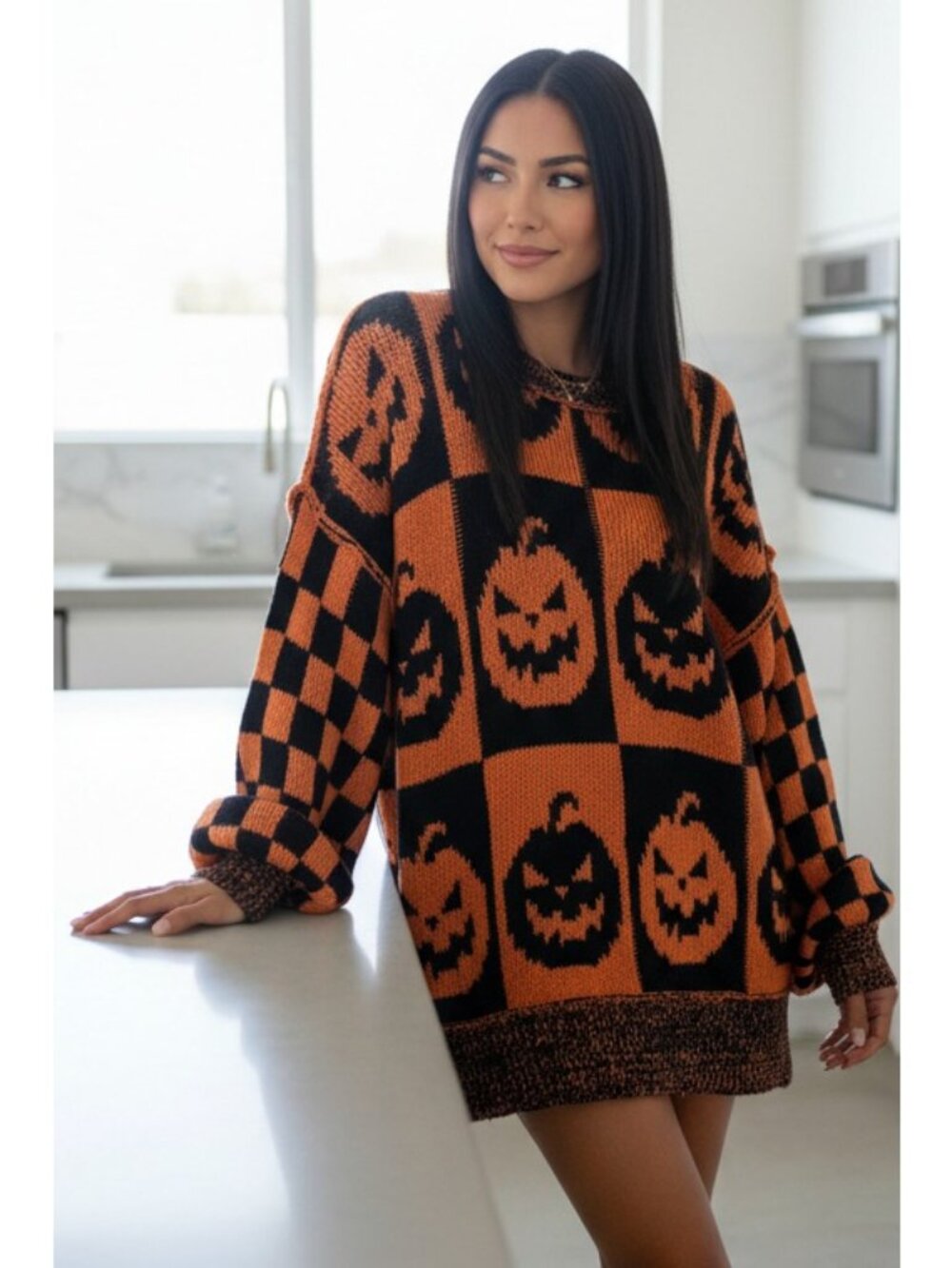 Jack-O'-Lantern Pumpkin Checker Exposed Seam Oversized Halloween Knit Sweater